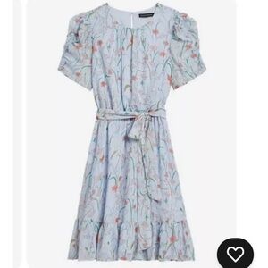 Banana Republic Baby Blue Floral Short Ruched Sleeve Ruffle Hem Dress Size 2